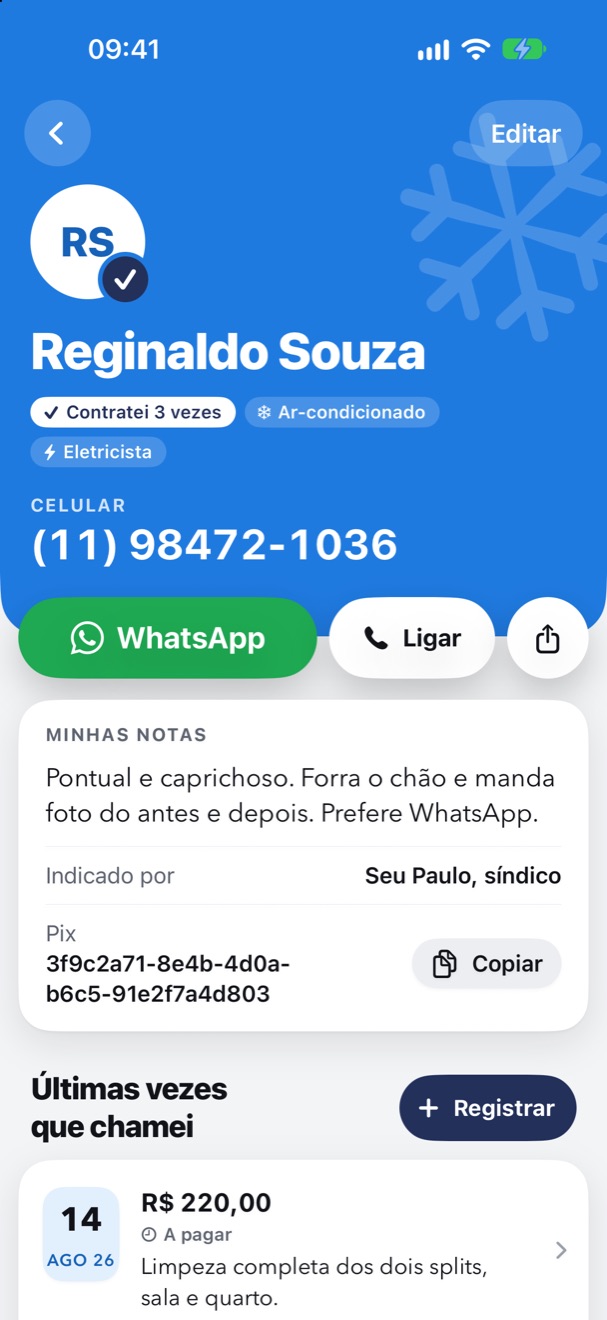 Perfil de Reginaldo Souza no Indilo: contratado 3 vezes, categorias Ar-condicionado e Eletricista, botões WhatsApp e Ligar, anotações, quem indicou, chave Pix e o último serviço.
